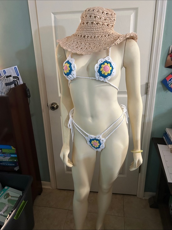 SHEIN Other - SHEIN White Crochet Floral Thong Bikini with Blue and Yellow Accents